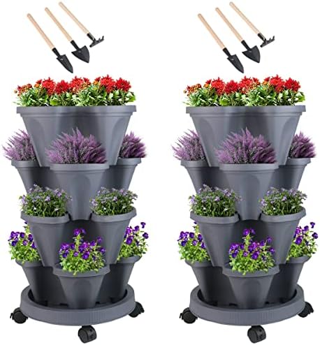 GameXcel Vertical Planter Tower - 4 Tier Stackable Garden Planters with Wheels and Tools Plant Pots for Strawberry Herb Flower and Vegetable Indoor Outdoor Use Dark Gray 2 Pack