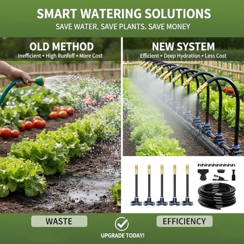 360° Adjustable Drip Irrigation System - 17FT Garden Watering System with 5 Nozzles, Garden Irrigation System, Greenhouse Accessories, Atomizing System for Yard, Lawn, Plants, 5/16 inch Hose
