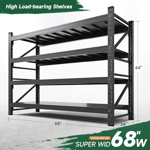 Letaya 68" W Storage Shelves Heavy Duty, 7000LBS Garage Shelving Units, 4 Tier Adjustable Utility Rack Shelf,Large Metal Industrial Shelves,for Shop,Warehouse,Basement,Black (68" W x 24" D x 64" H)
