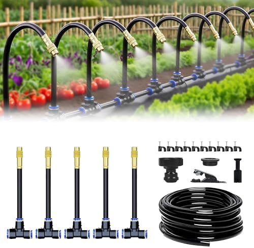 360° Adjustable Drip Irrigation System - 17FT Garden Watering System with 5 Nozzles, Garden Irrigation System, Greenhouse Accessories, Atomizing System for Yard, Lawn, Plants, 5/16 inch Hose