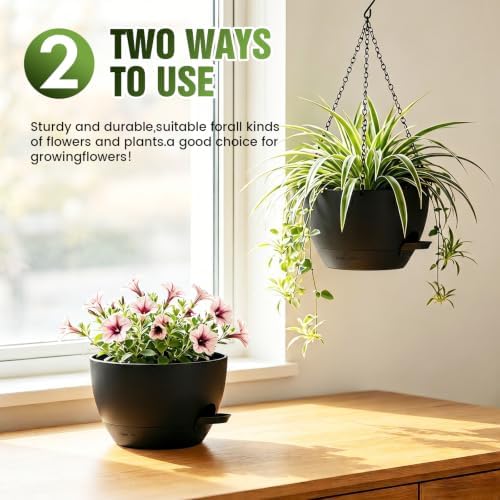8 Inch Self Watering Hanging Planters Set of 3 with Saucers