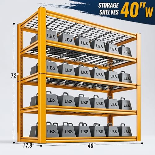 REIBII Storage Shelves, 40''W Garage Shelving, Heavy Duty Metal Shelving 2000LBS, Metal Shelves 5 Tier Industrial Shelf for Kitchen Pantry Warehouse Basement 72" H x 40''W x 17.8''D, Yellow