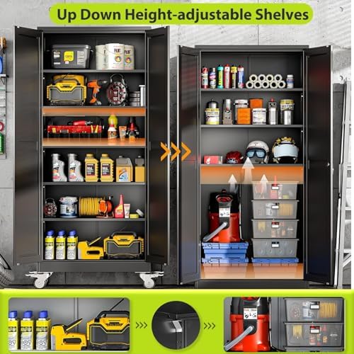75-Inch Metal Garage Storage Cabinet with Wheels, Locking Doors and Shelves