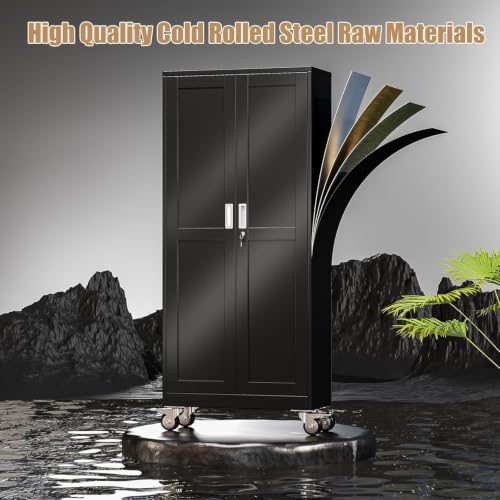 75" H Metal Pantry Storage Locker Cabinet with Wheels,Rolling Kitchen Pantry Cabinet with 2 Doors and 5 Adjustable Shelves, Lockable Steel Garage Tool Cabinet Organization for Home,Gym,School,Black