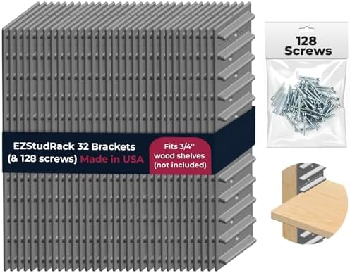 Made in USA | EZStudRack Adjustable Between Stud Shelf Bracket | Shelf Brackets for Wall Mounted Shelf | Shelving Brackets for Home | Garage Shelf Brackets- Wood Not Included- 32Pack (16 Pair) Gray