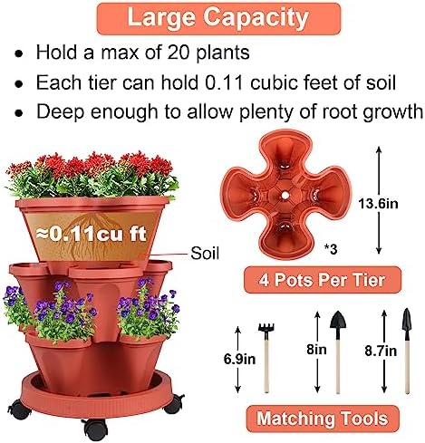 GameXcel Vertical Planter Tower - 3 Tier Stackable Garden Planters with Wheels and Tools Plant Pots for Strawberry Herb Flower and Vegetable Indoor Outdoor Use Red