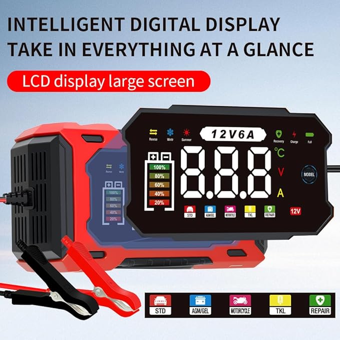 12V 6A Smart Battery Charger - Automotive Car/Motorcycle 12V Lead-Acid Battery Charger with LCD, Pulse Repair & Overcharge Protection