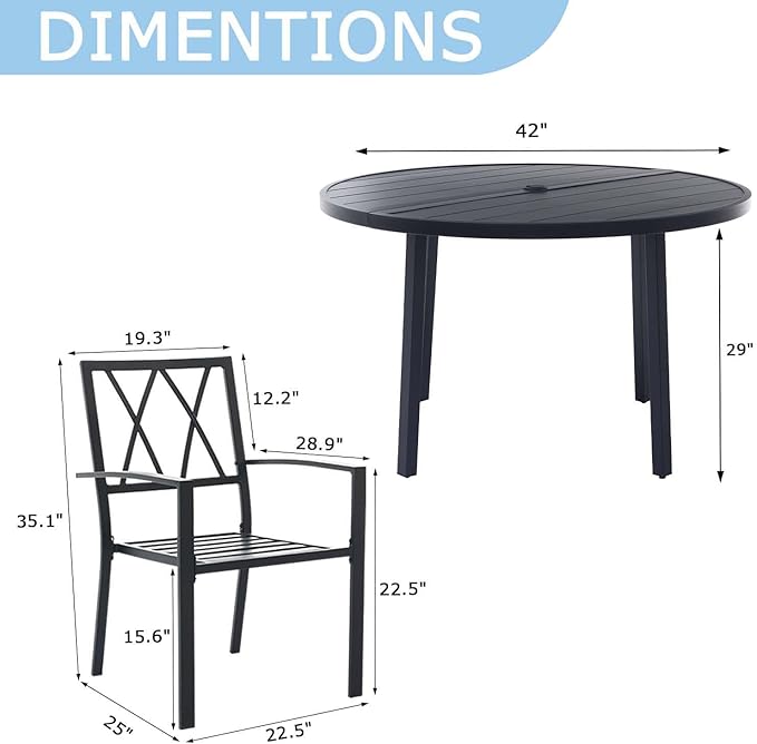 5 Piece Outdoor Dining Set, Patio Dining Set for 4, 42" Black Round Table with 4 Black Metal Outdoor Dining Chairs with Armrest for Lawn, Garden, or Porch