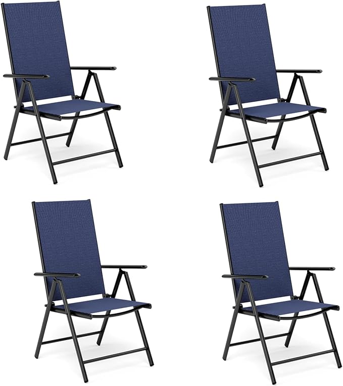 MFSTUDIO Patio Folding Chairs Set of 4, Outdoor Patio Dining Chairs, Portable Blue Sling Patio Chairs, 7 Levels Adjustable Sling Back Chairs for Backyard Lawn Garden
