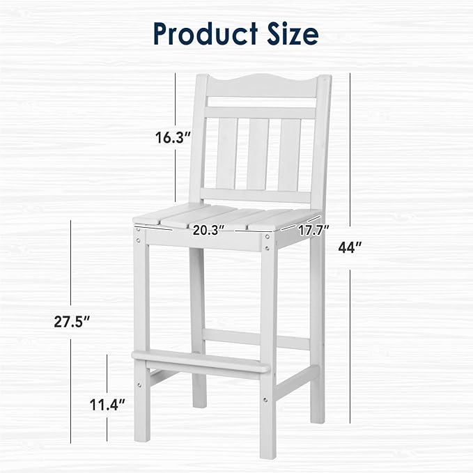 nalone Outdoor Bar Stools Set of 2, HDPE Tall Adirondack Chairs Bar Chairs, Weather Resistance Bar Height Chair for Balcony, Garden, Yard, Backyard (White, Bar Chairs Set of 2)