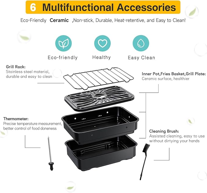 Candy Indoor Grill & Air Fryer with Ceramic Accessories, 500°F Max, 7-IN-1 Digital Display, 5.2 QT Electric Low Smoke with View Window, Smart Thermometer, Crisp, Roast & Dehydrate, Easy Clean, 1500W