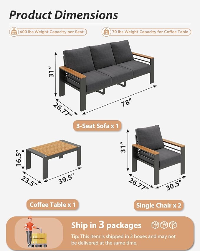 Aoxun Aluminum Outdoor Patio Furniture Set, 5 Seats Outdoor Sectional with Coffee Table, Patio Conversation Sets with Upgraded Armrests and Cushions for Backyard, Garden and Poolside