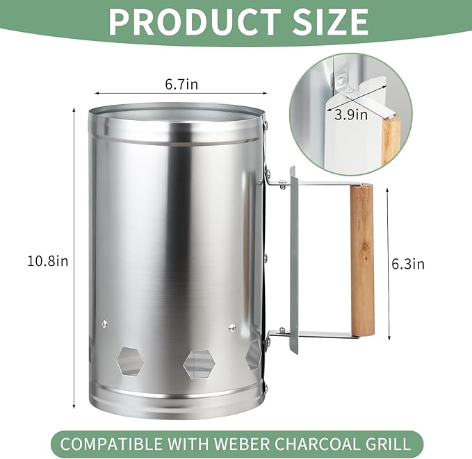 Charcoal Chimney Starter Compatible with Weber, Compact Chimney Starter for Grill, Rapid Fire Charcoal Lighter, with Heatproof Wooden Handle, BBQ Grill Tools for Outdoor Grilling and Camping