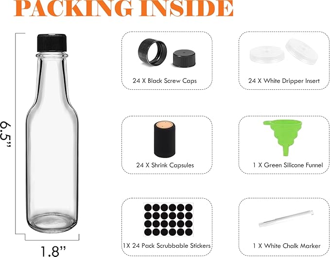 Ahhute Sauce Bottles, 5oz Small Olive Oil Bottles with Shrink Capsules, Mini Vanilla Wine Bottle for Wedding Favors Gifts, Glass Hot Sauce Bottles w/Black Caps and Silicone Funnel, Set of 24