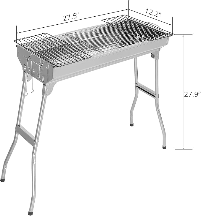 Stainless Steel Folding Kebab Grill, Foldable Barbecue Charcoal Grill With Baking Tray & Storage Shelf, Perfect for Camping, Picnic, Backyard Grilling, Tailgating (39x12x28 in)