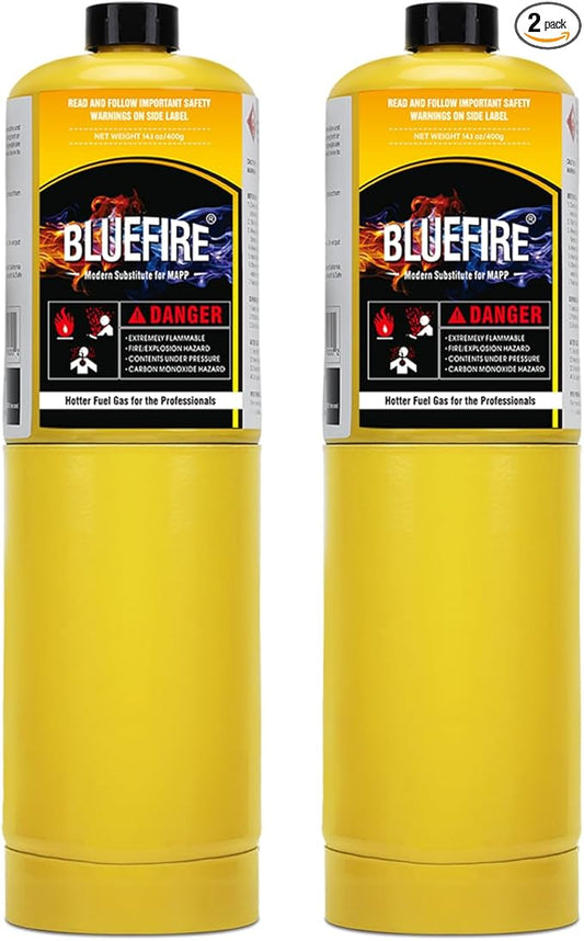 BLUEFIRE (2) 14.1 oz Modern MAPP Gas Cylinder 99.9% High Purity Propylene Equal to MAP-PRO Hotter than Small Propane Tank Torch Fuel Various Packages Available MAP GAS Cylinder Torch Kit Pack of 2