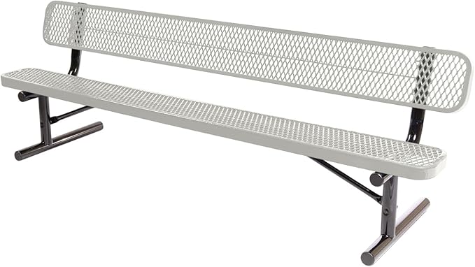 COATEDOUTDOORFURNITURE Heavy-Duty Portable Outdoor Bench Thermoplastic Coated, Expanded Metal, Commercial-Grade Seating, Made in America (Portable with Back, 8 Ft, Textured Grey)