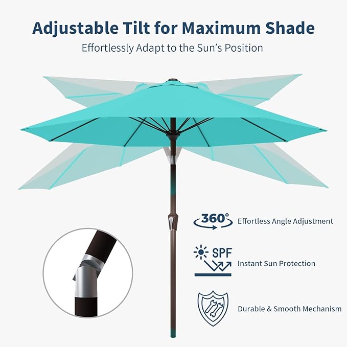 10FT Patio Umbrella Outdoor Market Umbrella with Crank and Tilt, 8 Flexible Fiberglass Ribs, UV-Resistant Waterproof Canopy for Patio, Deck, Garden, Backyard, Aqua Blue