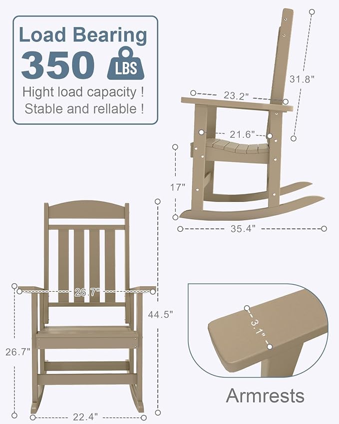Outdoor Rocking Chairs, Oversized High Back Patio Rocking Chairs, All Weather Porch Rocking Chairs for Outside. Brown
