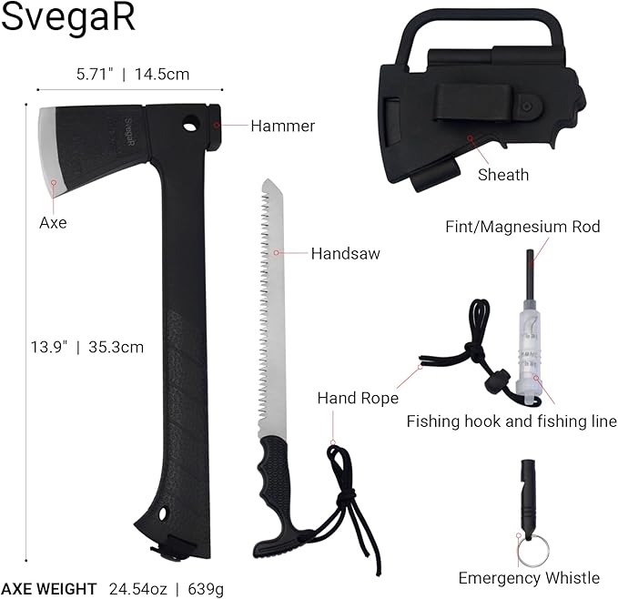 Camping Axe and Hatchet Multi-Tool – 14" Survival Outdoor Axe, Includes Handsaw, Fire Starter, Sheath, Fishing Kit & Whistle – Compact Tool for Camping, Hiking & Bushcraft