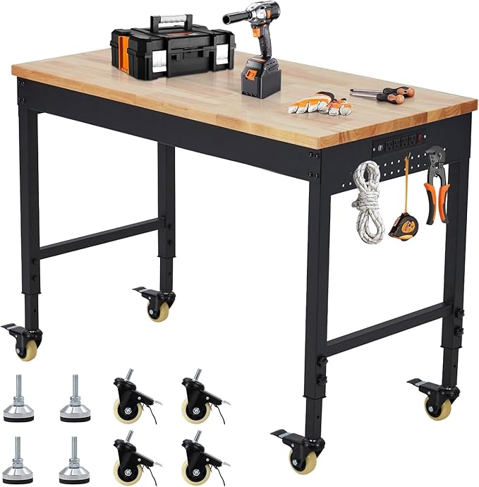 60"x22" Heavy-Duty Adjustable Workbench - 2000LB Capacity Work Bench with Rubberwood Top, Locking Wheels & Power Outlets, 27.8"-39.5" Height, Mobile Garage Workstation for Workshop/Home DIY