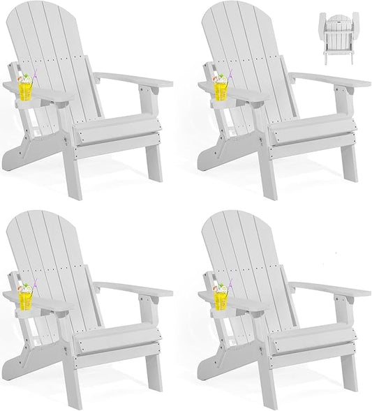 Folding Adirondack Chairs Set of 4, All Weather Resistant Plastic Chair with Cup Holder, Fold or Unfold Easily in 1 Second, Outdoor Chairs for Patio, Garden, Backyard Deck, Lawn Fire Pit(White)