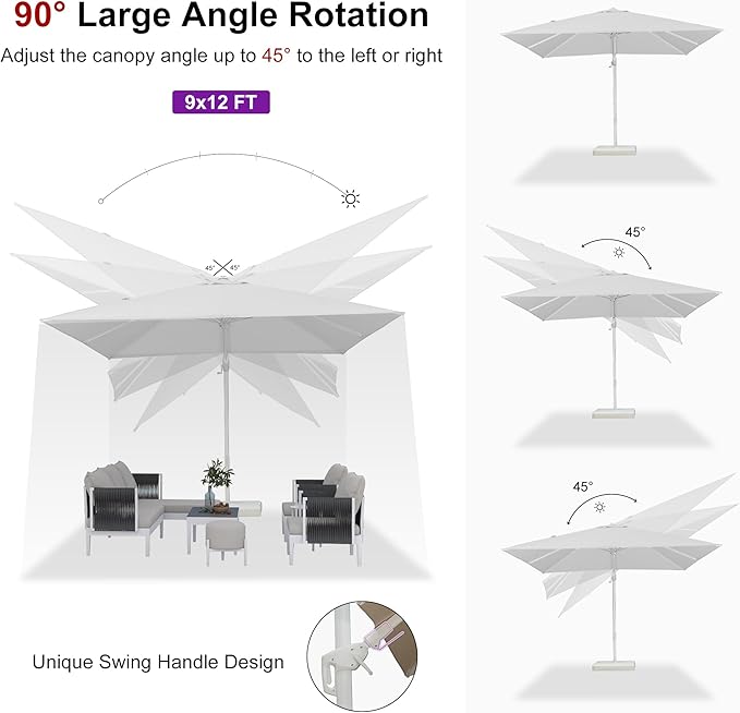 PURPLE LEAF 9' X 12' Right-left Tilt Patio Umbrella Swivel White Cantilever Umbrella with Tilt Aluminum Outdoor Umbrella with 360° Rotation for Deck Pool Garden, White