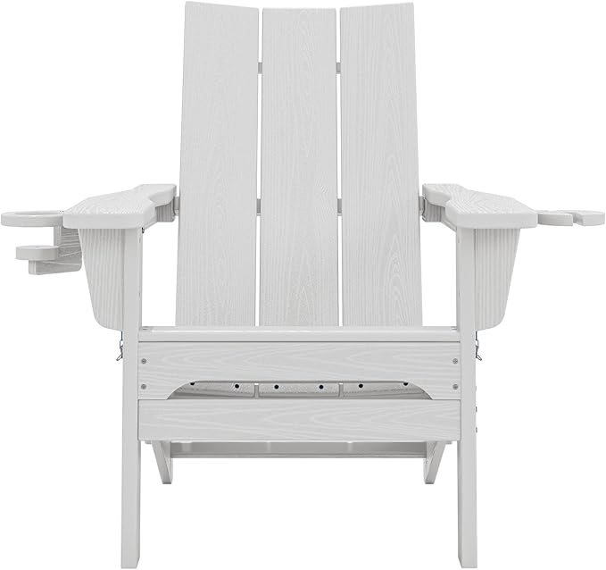 SERWALL Modern Folding Adirondack Chair Set of 6, Weather Resistant HDPE Outdoor Adirondack Chair with Cup Holders, Fire Pit Chairs for Patio Lawn Garden, White
