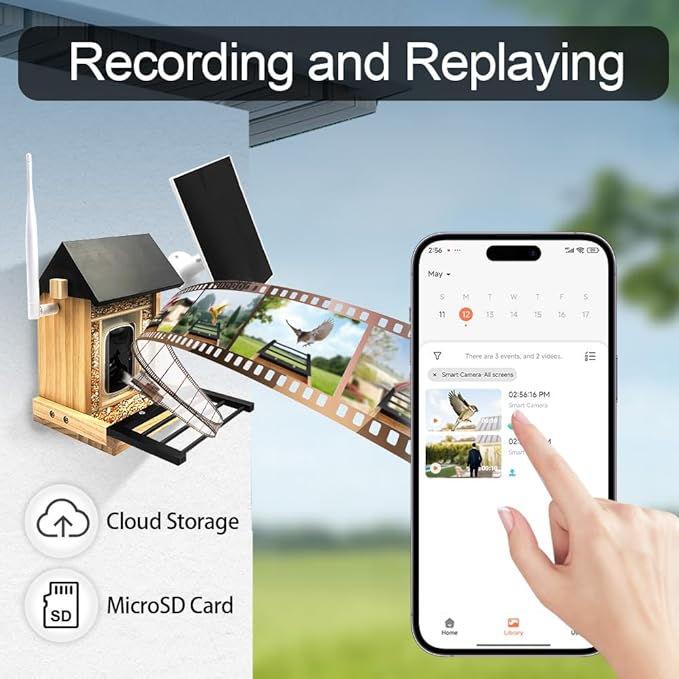 Smart Bird Feeder with Solar Camera - AI Bird 1000+ Species Recognition, 2K HD Live Stream, Real-Time Notifications & Video Recording for Outdoor Birdwatching