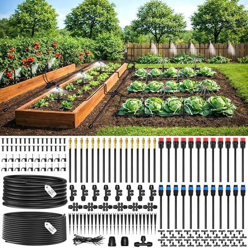 MIXC 2026-Upgrade 360° Adjustable Drip Irrigation System Kit, 200FT Bendable Watering Misting System with 3 Spray Nozzle Types, 1/2"(50FT) & 1/4"(150FT) Tubing for Garden Raised Bed Lawn & Greenhouse