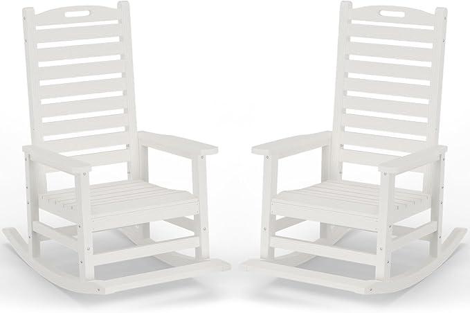 Outdoor Rocking Chair Set of 2 with Removable Footboard for Adults, HDPE High Back Patio Rocking Chairs, 330lbs All Weather Porch Rocking Chairs for Outdoor & Indoor -White