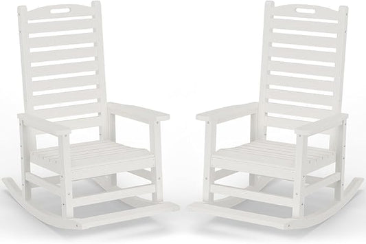 Outdoor Rocking Chair Set of 2 with Removable Footboard for Adults, HDPE High Back Patio Rocking Chairs, 330lbs All Weather Porch Rocking Chairs for Outdoor & Indoor -White