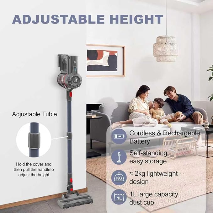 Cordless Vacuum Cleaner, 21Kpa Powerful Stick Vacuum for Home,3 Speeds Self-Standing Stick Vacuum with 45 Min Runtime, 6 in 1 Lightweight Handheld Wireless Vacuum for Pet Hair Carpet Hard Floors