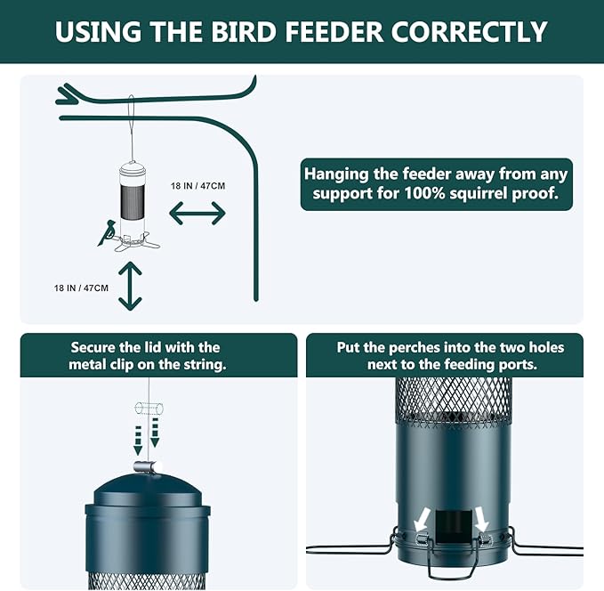 LCSEVEN Bird Feeders for Outdoors Squirrel Proof with Weight-Activated Perches, Hanging Bird Feeder for Outside, Metal Feeder for Wild Cardinal, Finch, Blue Jay, Chickadee, 3LB Seed Capacity, Green