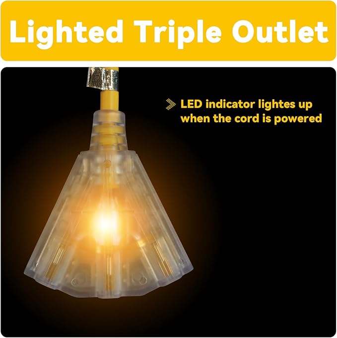 EP 12 Ft 12 Gauge Heavy Duty Extension Cord, 15A 125V 1875W, 3 Outlet Indoor/Outdoor Power Cord with Lighted End, 12/3 SJTW Weatherproof Yellow, UL Listed