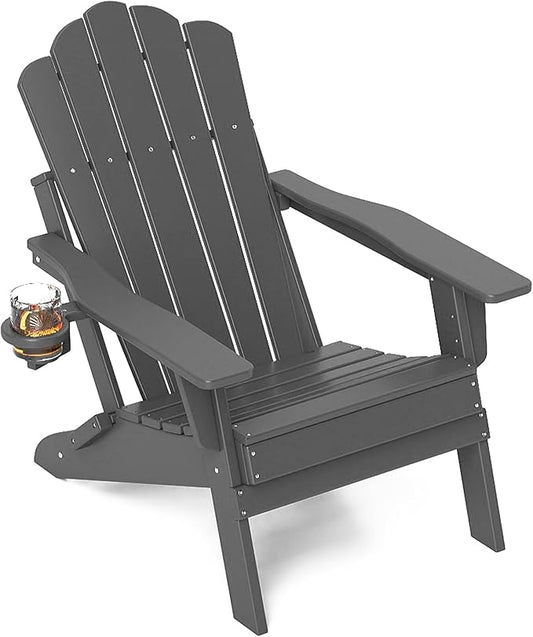 FOOWIN Adirondack Chair, Folding Adirondack Chair with Cup Holder, HDPE All-Weather Fire Pit Chair for Patio, Garden, Backyard, Poolside, Grey