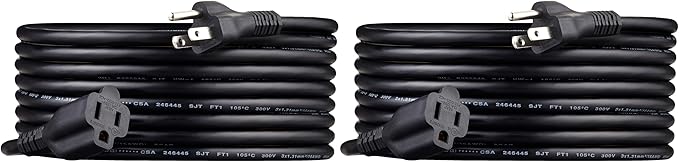 Amazon Basics Extension Cord, 13 Amps, 125V, 15 Foot, Black - Pack of 2