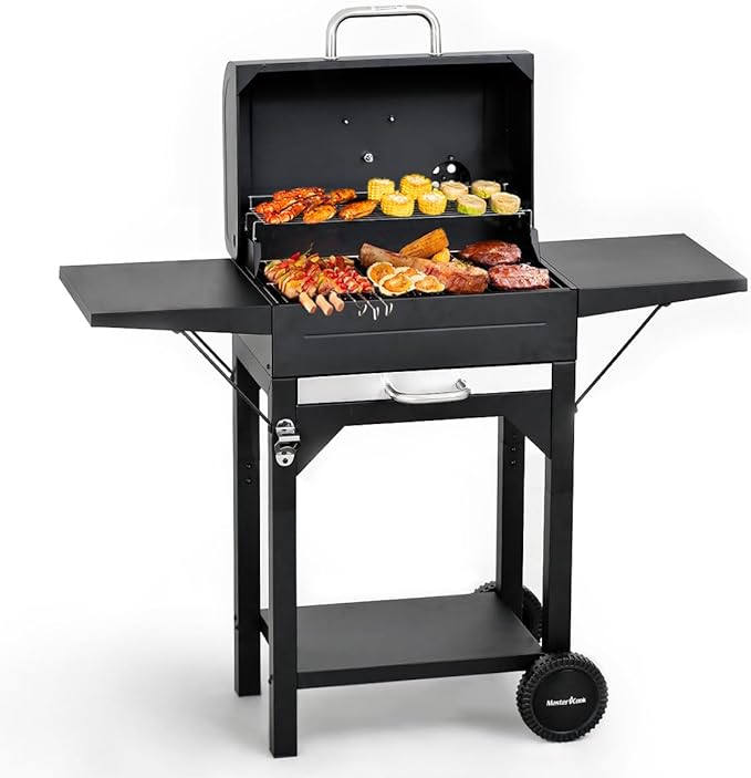 MASTER COOK Charcoal Grills with Two Side Tables, 17'' Outdoor Smoker Barbecue bbq grill for Camping, Patio,Backyard Party, Picnic, Black