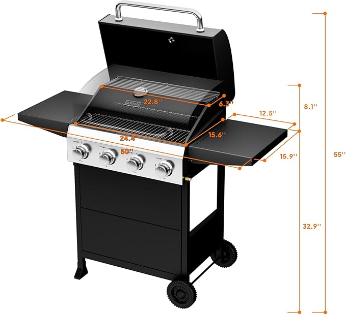 ROVSUN 4 Burner Propane Gas Grill with Foldable Side Shelves, 40000BTU BBQ Grills with Enameled Cast Iron Grates, Cabinet & Poratable Rolling Wheels for Outdoor Garden Patio Backyard Barbecue Cooking