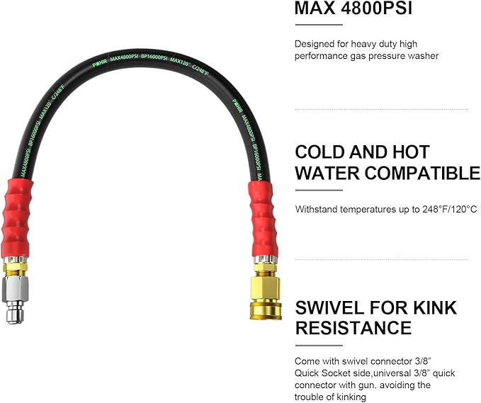 POHIR 3/8" Pressure Washer Whip Hose 2FT, Short Reel Connector for Power Washing, 248 Hot Water 4800 PSI, High Pressure Jumper With Removable Quick Connect