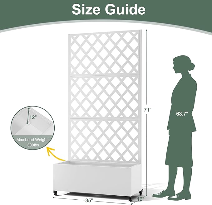 Metal Large Garden Bed with Trellis & Wheels, Planter Box with Privacy Screen for Climbing Plants, Privacy Planters for Patio, 35" L Garden Boxes with Drainage Holes (White Diamond)
