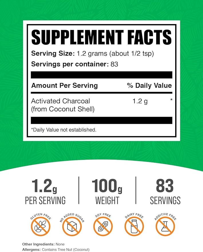 BulkSupplements.com Activated Charcoal Powder - from Coconut Charcoal, for Teeth Whitening - Vegan & Gluten Free, 1.2g per Serving, 100g (3.5 oz) (Pack of 1)