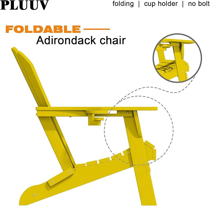 Folding Adirondack Chairs with Cup Holders, Set of 6 HDPE Plastic Outdoor Chairs, Weather Resistant, Real Wood Look, Heavy-Duty Patio Furniture for Deck, Fire Pit, Backyard, Yellow