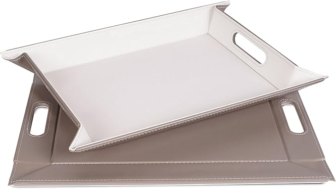 PLACEsMAT 2-in-1 Faux Leather Placemat & Serving Tray | Reversible Design, Lays Flat & Easy to Clean | Ottoman Food Tray, Perfect Housewarming Gift, 18” x 14” (Taupe & White, Single)
