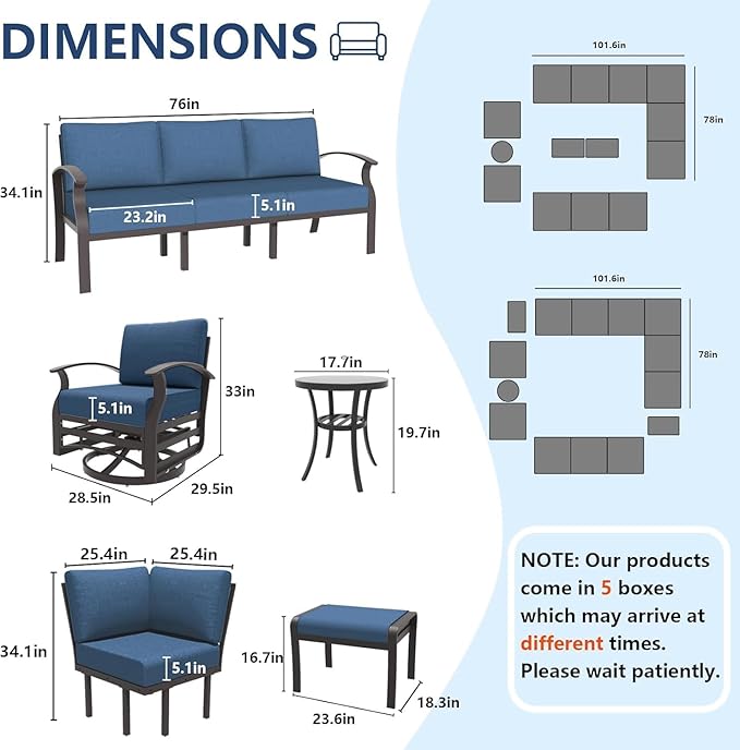 13-seat Aluminum Patio Furniture Set, L-Shaped Sectional Sofa with 2 Swivel Chairs, 5.1" Cushions, High Backrest & 2 Footstools, Durable Outdoor Patio Furniture Set, Backyard, Poolside - Blue