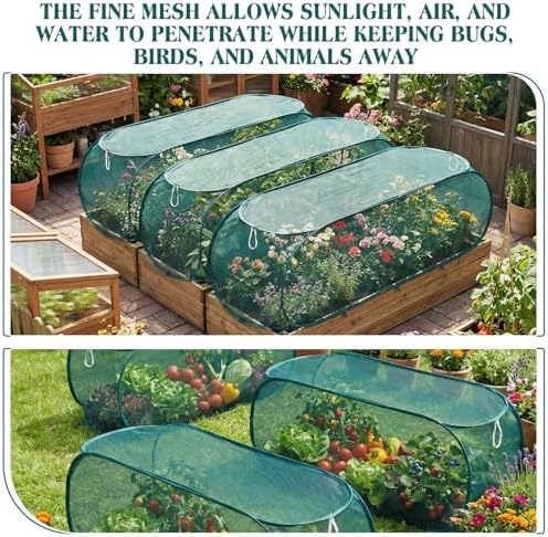Threehoney 4 Pcs 35'' x 14'' x 16'' Pop up Garden Mesh Plant Cover Outdoor Plant Protector Garden Row Raised Bed Cover with Ground Nails Crop Cage Net for Seedlings Vegetable Fruit Herbs (Dark Green)