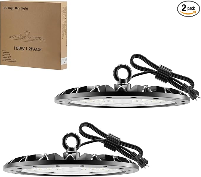 Zelvia D5 Series Led High Bay Light 6000K Daylight White LED Commercial High Bay Light Commercial High Bay Lighting with 1.2M Cable Plug Workshop Light Garage Light (2, 100W)