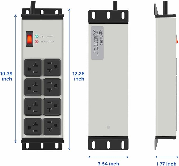 CCCEI Grey Heavy Duty Power Strip Surge Protector 20 AMP, 8 Outlets 12 Gauge Industrial Shop Garage Metal Multiple Outlets, 12 FT Extension Cord 5-15P Adapter High Amp 6-20R T-Slot 20a for Appliance