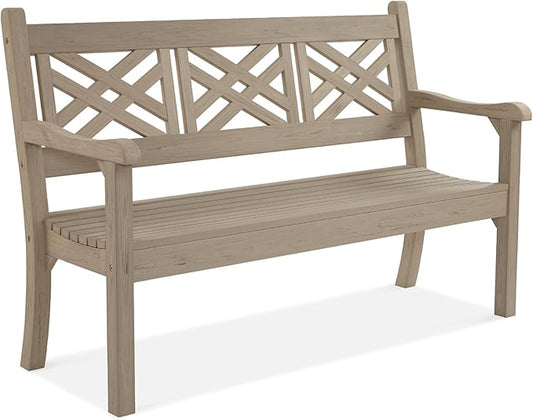 Psilvam 63''W All-Weather Poly Lumber Outdoor Bench – Teak Color, 3-Person Garden Bench with Decorative Backrest & Curved Armrests, Anti-Rot & Fade-Free Patio Bench for Porch, Backyard, and Park(Grey)