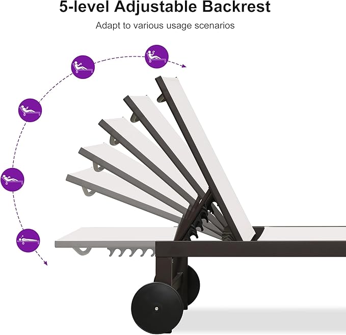 PURPLE LEAF Outdoor Chaise Lounge Chair Set of 3, Pool Lounge Chair for Outside, Aluminum Patio Chaise Lounger with Adjustable Backrest and Wheels for Deck, Outside, Lawn, Garden, Linen